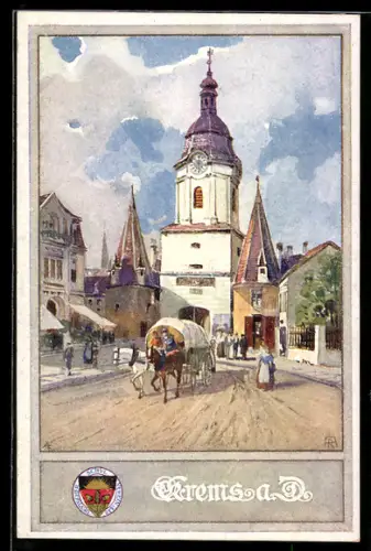 Künstler-AK Krems a. D., Strassenansicht mit Uhrturm
