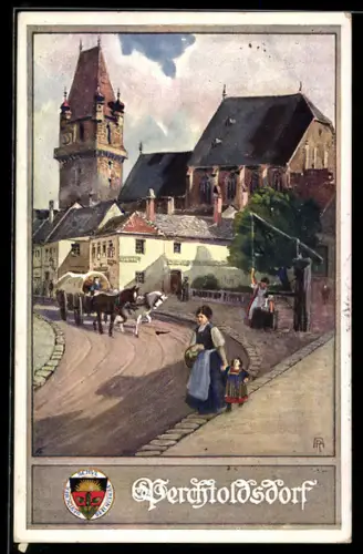 AK Deutscher Schulverein NR. 174: Perchtoldsdorf, Ortspartie mit Pferdegespann und Passanten