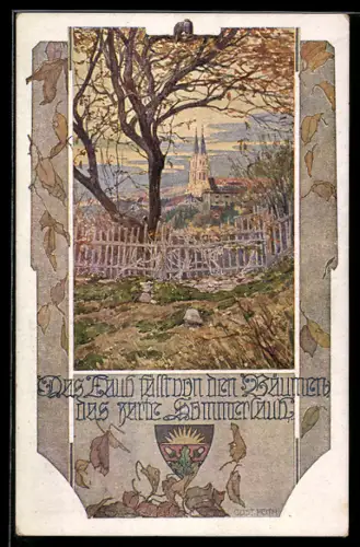 AK Deutscher Schulverein NR 1026: Ortsansicht mit Kirche, Bäume im Herbst