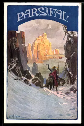 Künstler-AK Heinz Pinggera: Parsifal zu Pferde mit Fahne im Winter