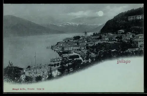 Mondschein-AK Bellagio, Ortsansicht mit Blick auf den Comer See