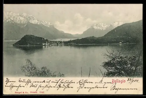 AK Bellagio, Blick über den See zur Landzunge mit Gebirge