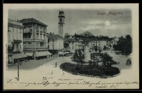 Mondschein-AK Pallanza /Lago Maggiore, La Piazza