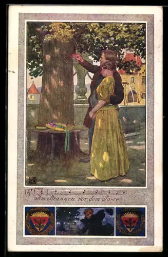 Künstler-AK Karl Friedrich Gsur: Deutscher Schulverein NR. 375: Mann ritzt als Zeichen der Liebe ein Herz in den Baum