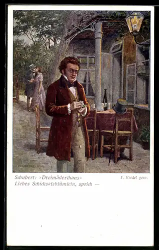 Künstler-AK F. Riedel: Schubert am Dreimädlerhaus