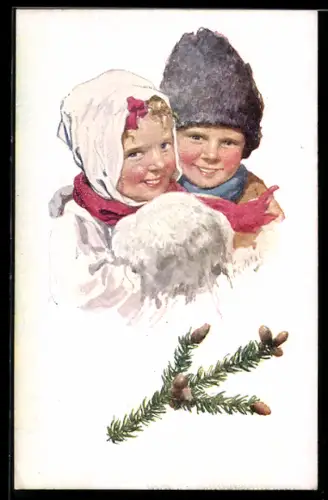Künstler-AK Karl Feiertag: Porträts zweier Kinder, Tannenzweig