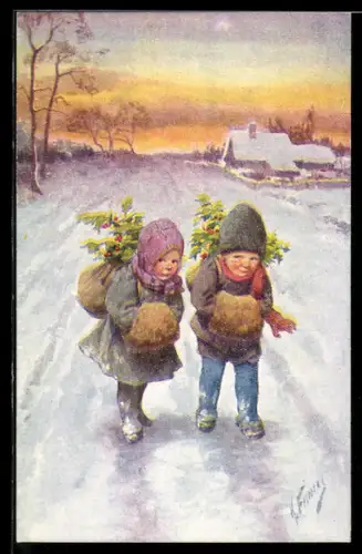 Künstler-AK Karl Feiertag: Zwei Kinder im Schnee