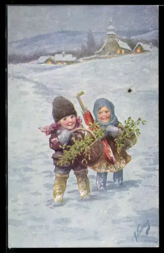 Künstler-AK Karl Feiertag: Kinder im Schnee