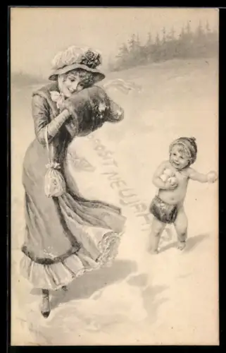 Künstler-AK Theo Zasche: Nacktes Kind bewirft Frau mit Schneebällen, Neujahrsgruss