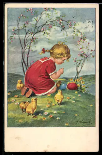 Künstler-AK Kränzle: Mädchen mit Osterküken und bunten Eiern auf einer Wiese