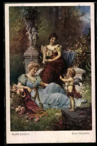 Künstler-AK Hans Zatzka: Beim Unterricht, Amor und junge Damen