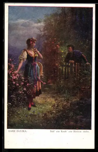 Künstler-AK Hans Zatzka: Heidenröschen, Mann beobachtet Frau vor Rosen