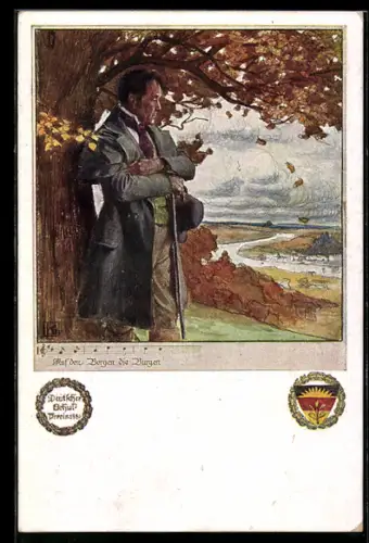 Künstler-AK Karl Friedrich Gsur: Deutscher Schulverein NR 458: Wanderer schaut Berg hinab