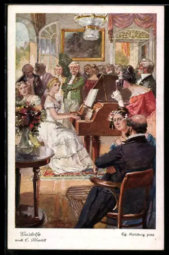 Künstler-AK Georg Mühlberg: Goldelse, Gesellschaft lauscht dem Spiel der jungen Pianistin
