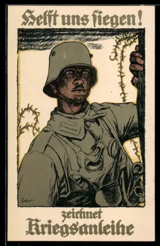 Künstler-AK Helft uns siegen! zeichnet Kriegsanleihe, Strumtruppler im Angesicht des Feindes