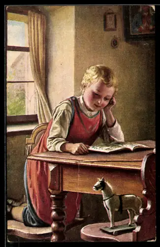 AK Kind liest ein Buch an einem Tisch, Schaukelpferd