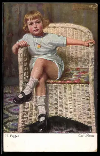 AK Mädchen im blauen Kleid sitzt auf Korbstuhl