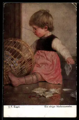 Künstler-AK sign. J. F. Engel: Kleinkind mit einem Korb voller Briefe