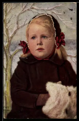 Künstler-AK sign. Carl Priem: Röschen, Mädchen in Winterkleidung im Schnee