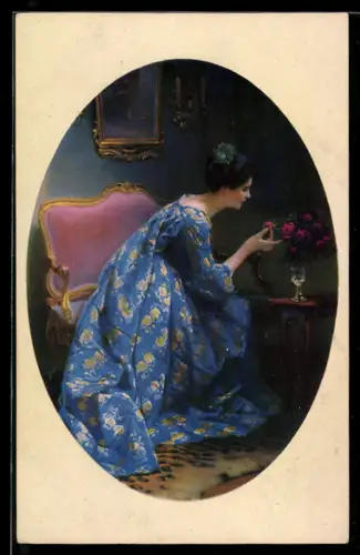 Künstler-AK Meissner & Buch (M&B) Nr. 2528: Frau betrachtet blühende Rosen