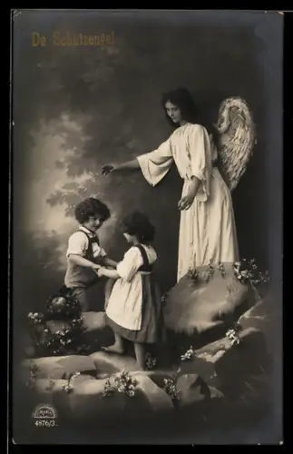AK Schutzengel hält die Hand über zwei Kinder