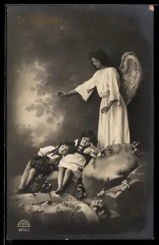 AK Schutzengel, L`Ange Gardien, bewacht zwei schlafende Kinder