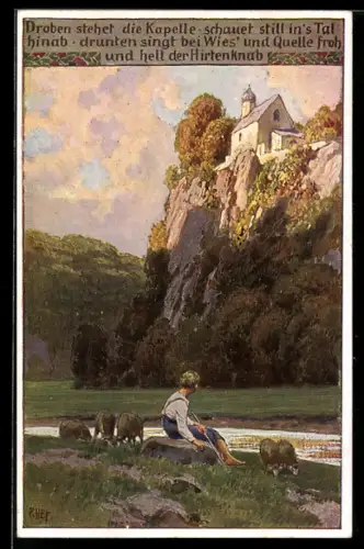 Künstler-AK P. Hey, Volksliederkarte Nr. 96: Droben stehet die Kapelle, Schafhirte mit seiner Herde