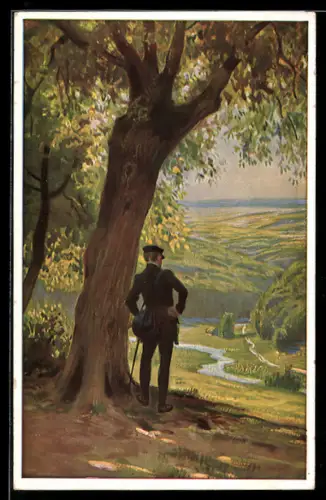 Künstler-AK Paul Hey: O Täler weit o Höhen, Wanderer geniesst den Ausblick, Verein für das Deutschtum im Ausland