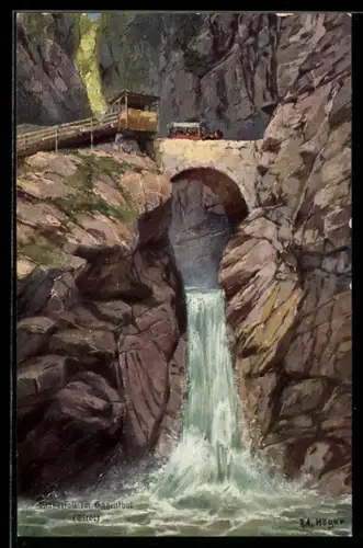 Künstler-AK Rud.A. Höger: Eggental, Von der Dolomitenstrasse in Tirol, Wasserfall im Eggental