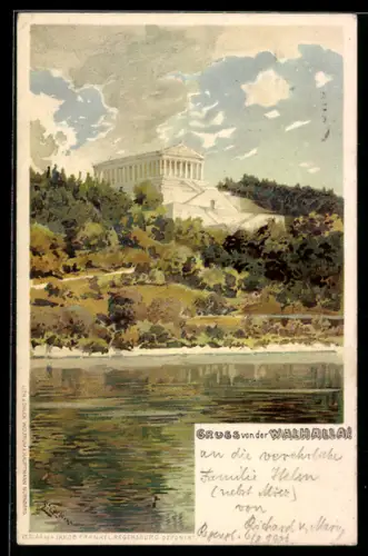 Lithographie Donaustauf, Uferpartie mit Blick nach Walhalla