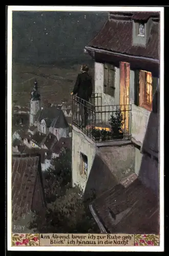 Künstler-AK P. Hey, Volksliederkarte Nr.98: Am Abend bevor ich zur Ruhe geh - Mann auf Balkon unterm Sternenhimmel