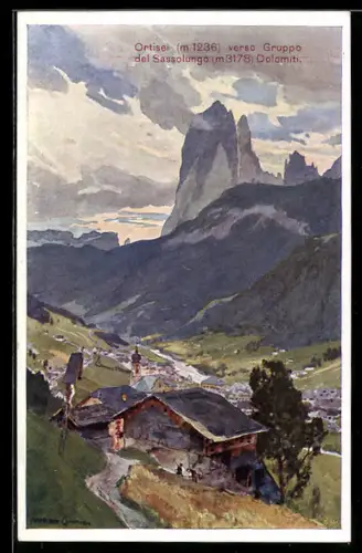 Künstler-AK Edward Harrison Compton: St. Ulrich, Ansicht gegen den Langkofel