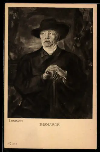 Künstler-AK Bismarck mit Händen auf Gehstock