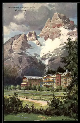 Künstler-AK Rudolf Alfred Höger: Schluderbach, Ortsansicht mit Dolomiten