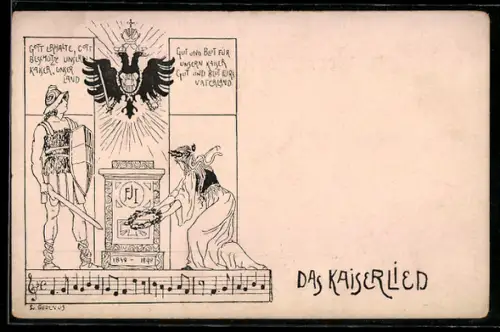 AK Das Kaiserlied, Mann mit Schild und Schwert neben einer Dame, Doppelköpfiger Adler
