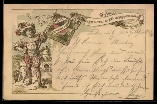 Lithographie Landsknecht mit Flagge in der Hand, Bund der Deutschen, Zitat von Turnvater Jahn