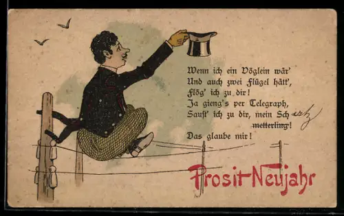 Lithographie Mann mit Zylinder sitzt auf einer Stromleitung, Radio, früher Druck