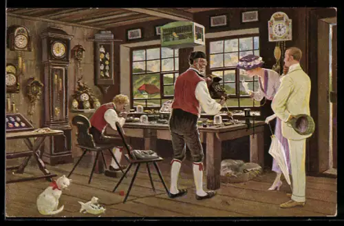 AK Uhrmacher bei der Arbeit mit niedlichen Katzen auf dem Boden