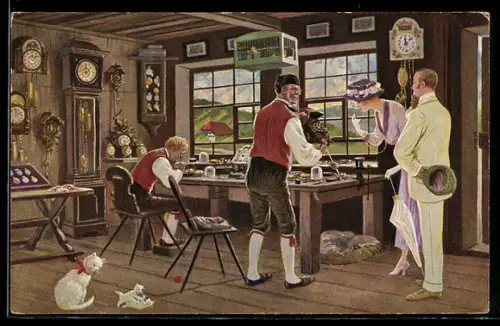AK Uhrmacher bei der Arbeit mit niedlichen Katzen auf dem Boden
