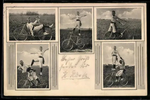 AK Radsport-Akrobaten in unterschiedlichen Posen im Freien
