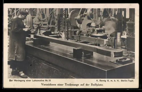 AK Fabrikarbeiter beim Vorzeichnen einer Treibstange auf der Reissplatte