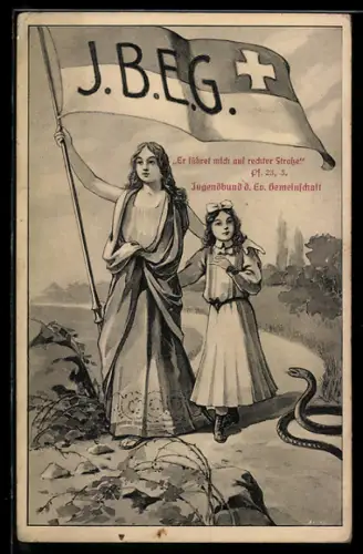 AK Frau mit J.B.E.G.-Flagge und Mädchen, Es führet mich auf rechter Strasse, Jugendbund der ev. Gemeinschaft