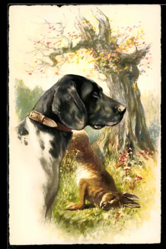 AK Jagdhund mit erlegtem Hasen, Jagdeinladung