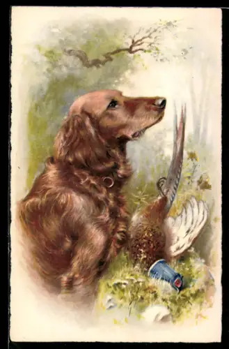 AK Jagdhunt mit erlegtem Auerhahn, Jagdeinladung