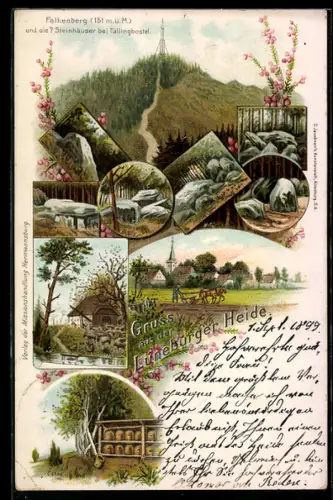 Lithographie Bergen, Imkerei, Falkenberg und die 7 Steinhäuser bei Fallingbostel