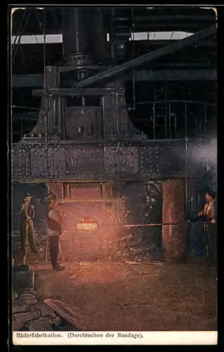 Künstler-AK Räderfabrikation, Durchlochen der Bandage