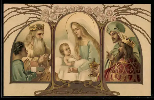AK Die Heiligen Drei Könige kommen zu Maria und dem Jesuskind, Jugendstil
