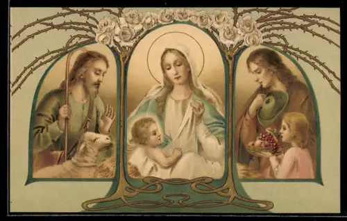AK Maria mit Jesusknaben, Schäfer und Kind unterm Rosenbogen, Jugendstil