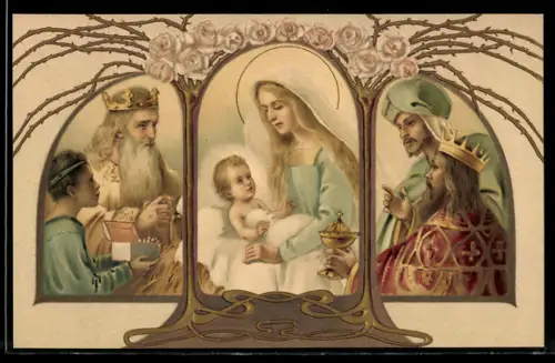 AK Die Heiligen Drei Könige kommen zu Maria und dem Jesuskind, Jugendstil