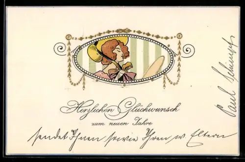 AK Porträt einer Dame mit Hut im Jugendstil